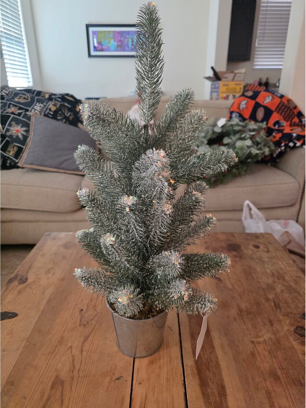 Small Artificial Snowy Pine Tree with LED Lights in Metal Pot